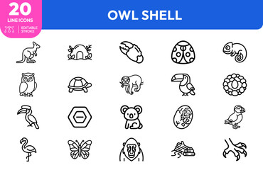 Naklejka premium Nature wildlife set. kangaroo, chameleon, ladybug, toucan, koala, hedgehog, owl, turtle, sloth, butterfly, puffin. Editable stroke. Vector illustration.