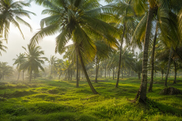 Fototapeta premium A serene and lush tropical coconut grove bathed in the soft, misty glow of early morning sunlight. Vibrant green grass blankets the ground, while tall palm trees stretch toward a bright sky, creating 