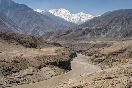 Scenic mountain landscape view of Indus river valley and mighty snowcapped Nanga Parbat, Thalich bridge, Astore, Gilgit Baltistan, Pakistan