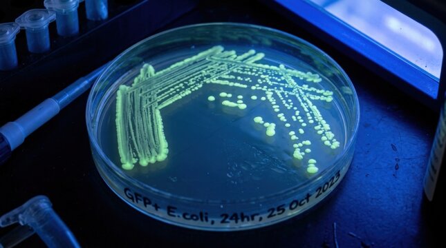 Green fluorescent protein (GFP) expressing E. coli bacteria colonies glowing on an agar streak plate inside a Petri dish under UV light in a dark microbiology laboratory setting.