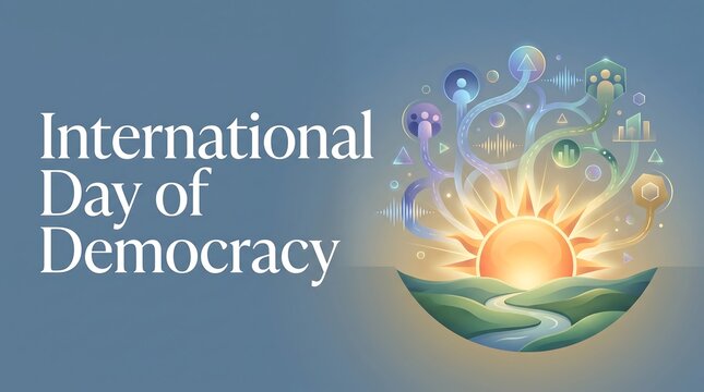 International Day of Democracy Concept Illustration with Rising Sun and Abstract Digital Connection Icons Representing Social Unity and Human Rights