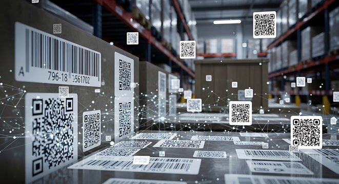 Modern Warehouse Filled With QR Codes and Barcodes for Advanced Inventory Tracking Technology