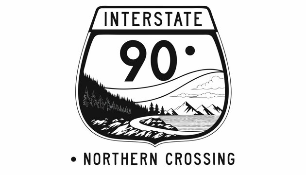 Very beautiful black and white realistic vector of an American interstate highway sign featuring Great Lakes scenery, forests and distant mountains, INTERSTATE 90 &bull; NORTHERN CROSSING, detailed linewor
