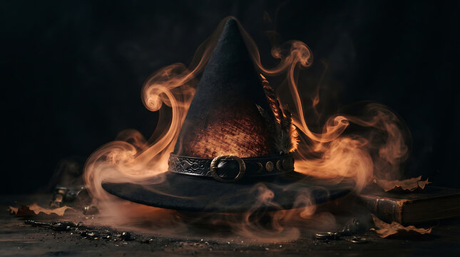 Black witch hat glowing with magical orange smoke on a dark background for Halloween