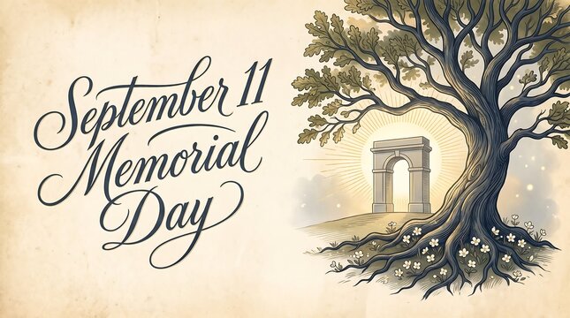 September 11 Memorial Day Vintage Illustration with Elegant Calligraphy, Symbolic Oak Tree, and Memorial Archway on Aged Paper Background