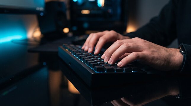Close-up of hands typing on a computer keyboard in a dimly lit room, showcasing focused work or gaming activity.