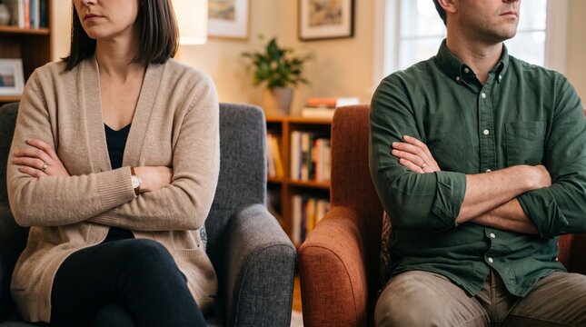 Couple in conflict sitting on separate couches with arms crossed, avoiding eye contact, symbolizing relationship problems and communication breakdown.