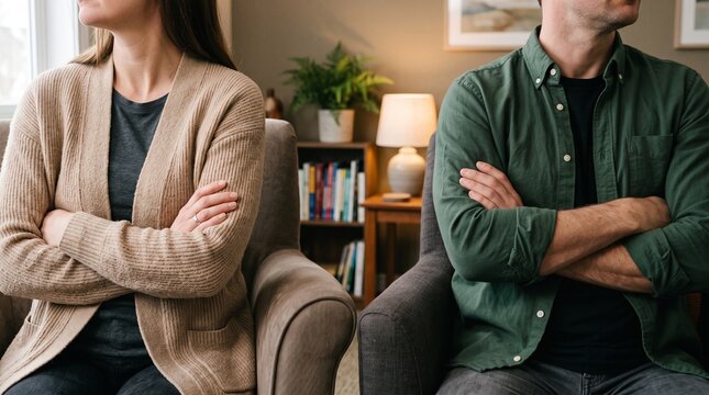 Couple in conflict, sitting with arms crossed, backs turned to each other, symbolizing relationship problems and disagreement.