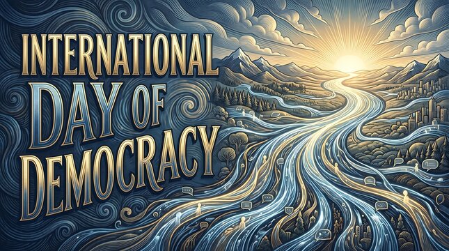 International Day of Democracy Illustration with Sun Rising Over Mountains and Flowing River Landscape, Vintage Artistic Style Concept Poster.