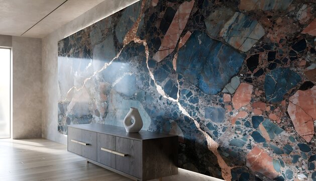 Modern luxury interior background with polished blue breccia marble wall and console cabinet
