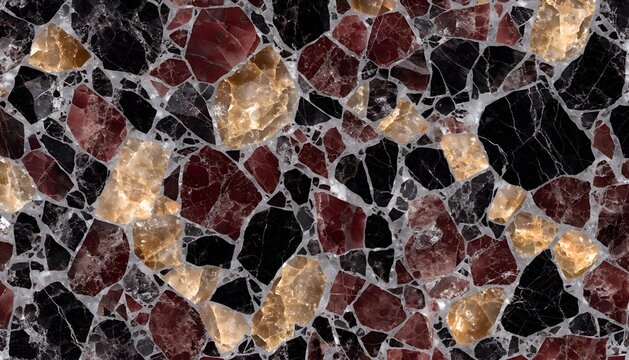 Seamless red gold and black breccia terrazzo stone texture background
