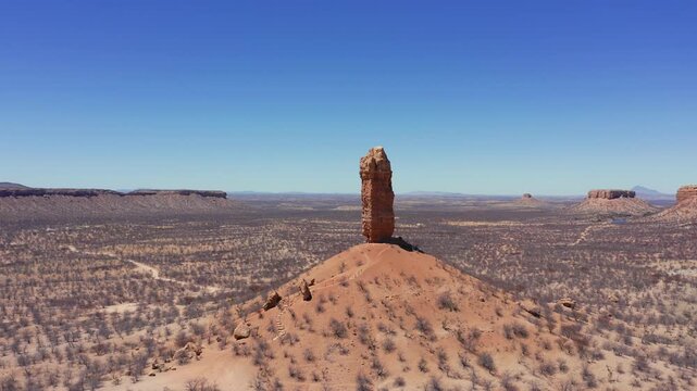 Drone circle around The Vingerklip rock formation dating from the Tertiary period in Ugab valley, Damaraland