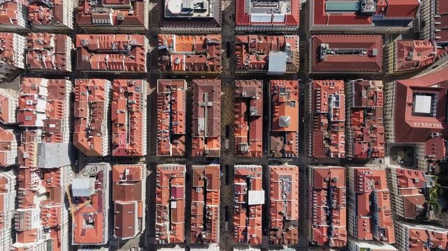 Pombaline style residential and commercial apartment blocks in Lisbon Baixa, R Augusta pedestrian street, Aerial top down shot