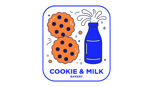 Charming Illustration of Cookies and Milk Bottle with "Cookie & Milk Bakery" Text