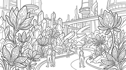 Obraz premium Futuristic alien garden with crystalline structures and exotic flora, people exploring a science fiction landscape