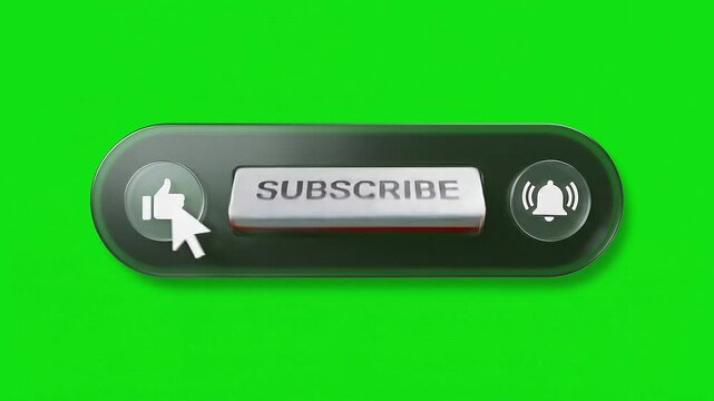 Modern 3D Glossy Subscribe Button with Like Thumbs Up and Notification Bell Icons and White Mouse Cursor on Green Screen Background