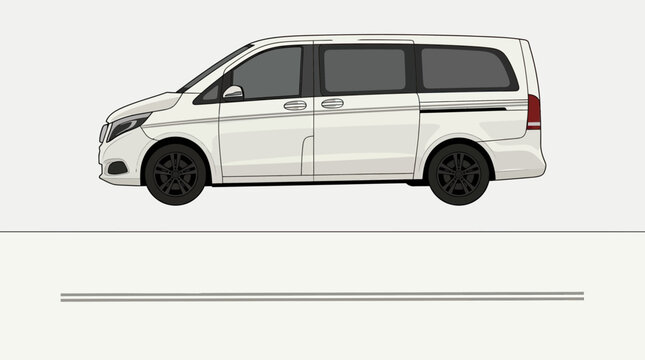 Clean white passenger van or minivan vehicle in side view, isolated on light background for automotive design and transportation concepts.