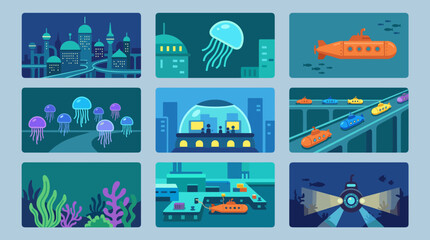 Fototapeta premium Underwater cityscapes with futuristic buildings, submarines, and marine life, flat design vector collection