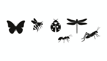 Fototapeta premium Insects collection featuring silhouettes of a butterfly, bee, ladybug, dragonfly, ant, and grasshopper on white background.