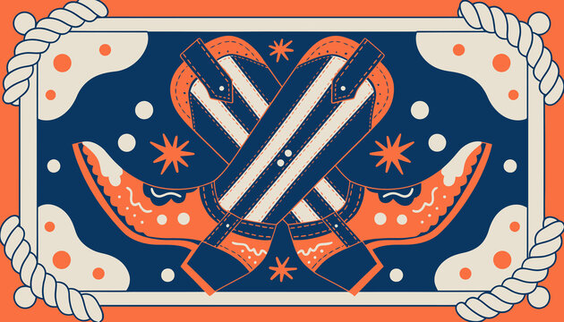 Crossed Cowboy Boots Vector Illustration with Western Design Elements, Rope Border - Vibrant Southwestern Art