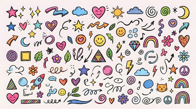 Retro doodle icon set, 70s style vector art elements, pink purple blue doodle collection, cute hand drawn shapes for design