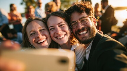 Fototapeta premium Three happy young friends taking a selfie together outdoors at sunset