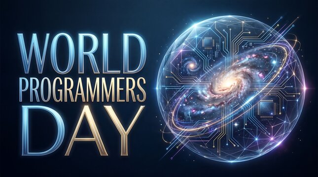 Futuristic World Programmers Day Graphic with Cosmic Sphere, Glowing Circuit Board Patterns, and Digital Galaxy Theme for Software Developers