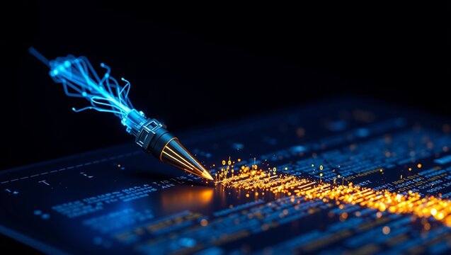 Futuristic Digital Quill Pen Writing Glowing Binary Code Data, AI Content Generation and Natural Language Processing Technology Concept on Dark Background
