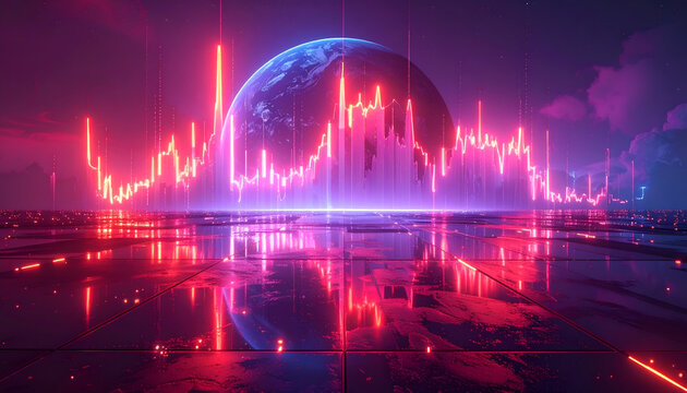 A vibrant, futuristic cityscape with a large, glowing planet and neon-lit financial data visualization. The scene suggests a modern, tech-focused environment