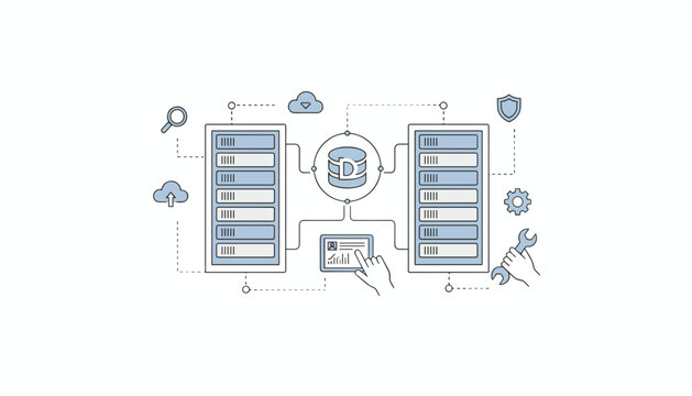 Database management and cloud computing servers network system with automated analysis dashboard illustration.