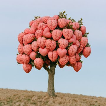 Tree growing human brains and hearts against sky