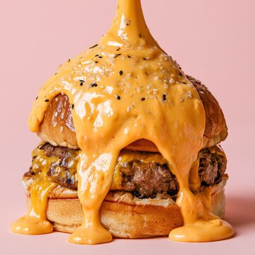 Cheeseburger with melting cheese sauce dripping on pink background