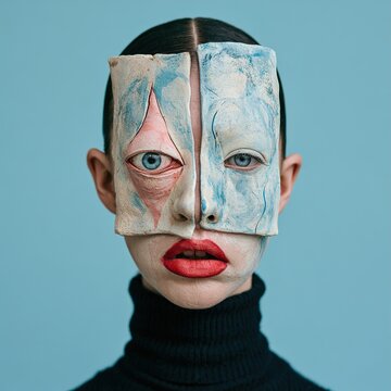 Woman wearing surreal abstract ceramic mask on blue background