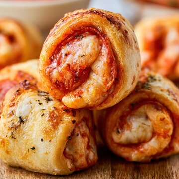 Baked pizza rolls with pepperoni and melting cheese