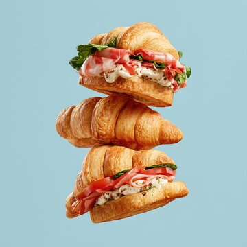 Croissant sandwiches stacking with ham and fresh vegetables