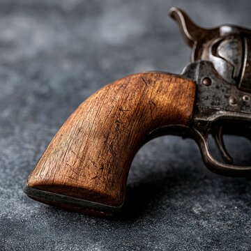 Vintage revolver with wooden handle on dark background