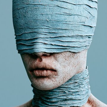Person blindfolded with blue paper texture concept