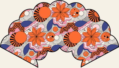 Fototapeta premium Retro Floral Sunburst Pattern with Organic Shapes in Orange, Pink, and Blue
