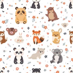 Fototapeta premium Cute Cartoon Woodland Animals Seamless Pattern Design