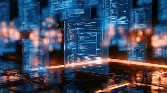 Glowing digital screens display lines of code in a futuristic, abstract environment