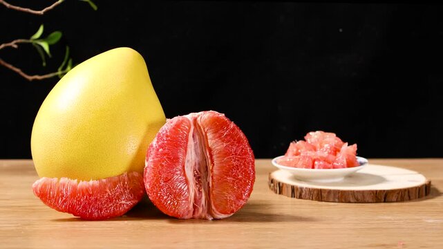 Fresh Red and Yellow Pomelo Citrus Fruit on Wooden Table