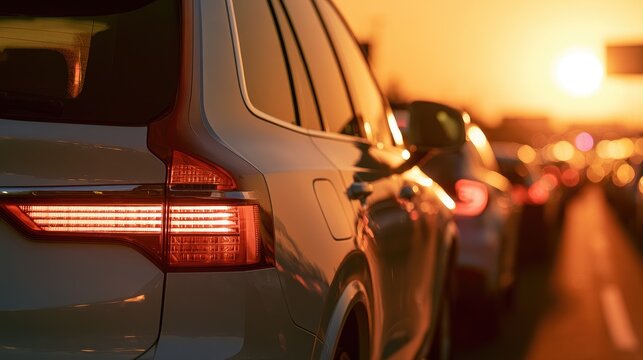 Cars in a traffic jam at sunset with glowing taillights
