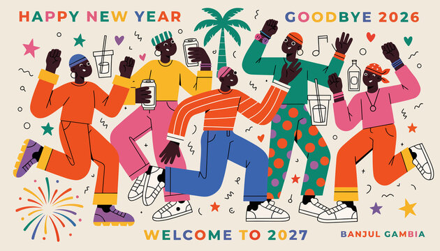 Happy New Year 2027 Celebration: Diverse Group Dancing in Banjul, Gambia, with Fireworks and Palm Tree