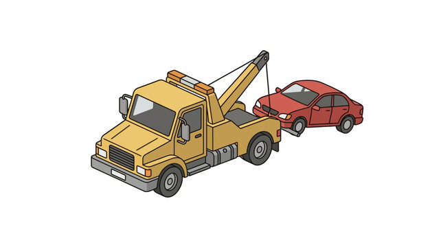 Isometric yellow tow truck towing a red sedan vehicle