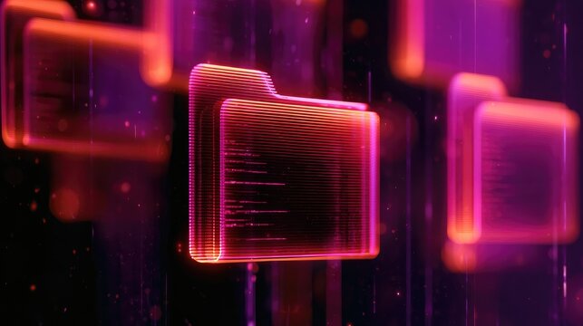 Glowing holographic digital folders with code, representing data storage