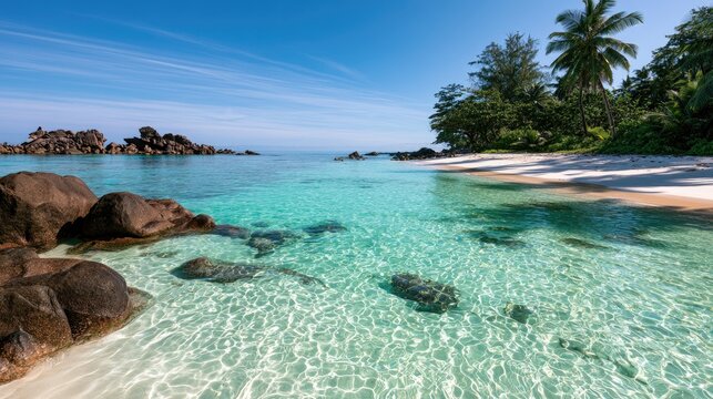Crystal clear turquoise water laps a white sand beach fringed by lush green tropical trees