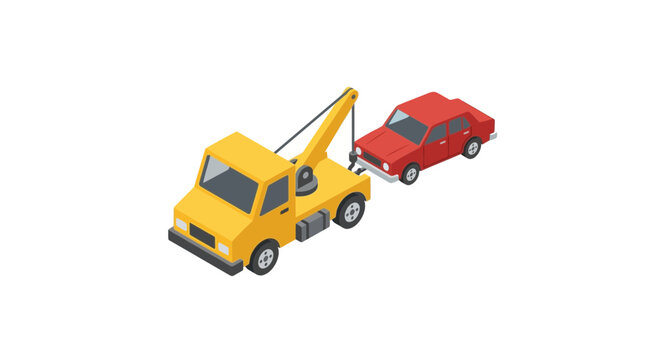Isometric illustration of a yellow tow truck towing a red car