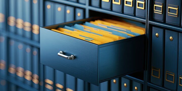 A file cabinet drawer is pulled open, revealing organized folders within its shelves