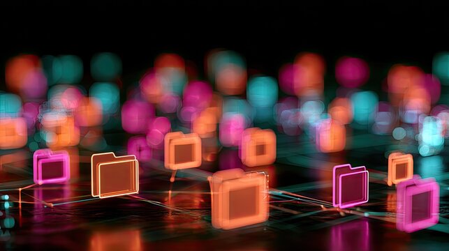 Abstract glowing digital folders connected by illuminated lines on dark background