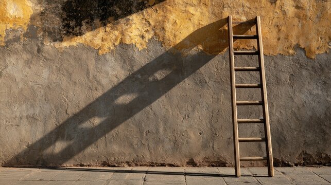 Aged textured wall with a leaning wooden ladder casting a long shadow